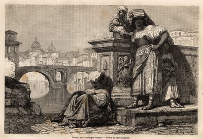 Mujeres y niños del campo romano descansando a la orilla del Tíber, al fondo: las cúpulas de la Basílica de San Pedro en el Vaticano. Grabado para ilustrar el viaje a Roma, por Francis Wey, en 1864-1868, publicado en "Le tour du monde, nouveau journal des  de Unknown artist