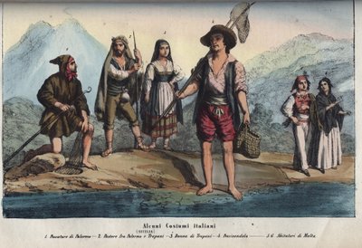 Mujeres y hombres con trajes tradicionales sicilianos - Pescador de Palermo, pastor entre Palermo y Trapani, mujer de Trapani, vendedor de pescado, habitantes de Malta. Grabado de “Usi e Costumi di Tutti i Popoli dell