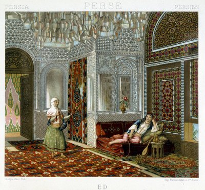 Mujeres en una sala de estar en Persia - en “Le costume historique” de Racinet de Unknown artist