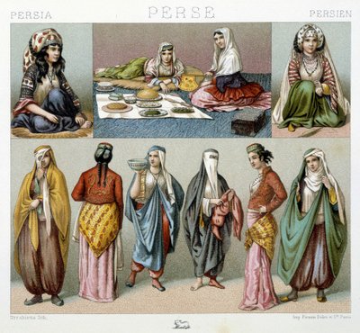 Comida de mujeres y trajes femeninos en Persia - en “Le costume historique” de Racinet de Unknown artist