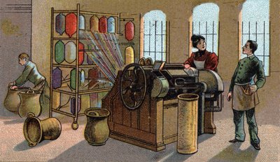 Industria de la lana, peinado. Cromolitografía de finales del siglo XIX de Unknown artist