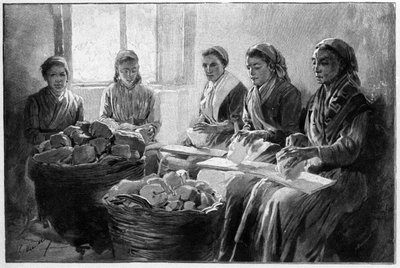 Trabajadores tallando piedra pómez. Lipari, Sicilia. Grabado del siglo XIX de Unknown artist