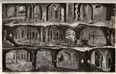 Trabajando en la mina de sal de Wieliczka - ciudad minera en Polonia - Vista de los trabajos subterráneos en las minas de sal de Wieliska, en Galitzia - grabado en 