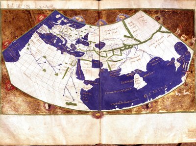 Mapa mundial de Claudio Ptolomeo (90-168 d.C.), astrónomo y astrólogo griego - Representación de la Tierra plana sin los polos Norte y Sur y sin el continente americano - Manuscrito del siglo XV de Unknown artist