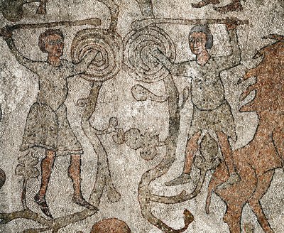 Luchadores, símbolo del cristianismo. Pavimento de Pantaleone de Unknown artist