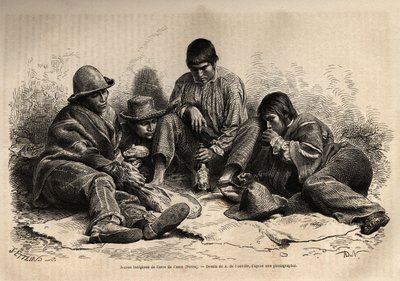 Jóvenes indios de Cerro de Pasco (centro de Perú), se reúnen para desayunar. Grabado para ilustrar Les iles Chincha, rect por L.Simonin, en 1860, publicado en 