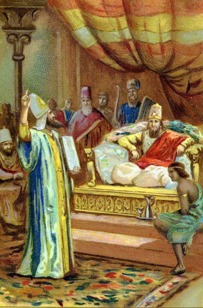 Zaratustra, profeta y reformador religioso iraní (siglo VI a.C.) en la corte del Rey de Bactres. Cromolitografía del siglo XIX. de Unknown artist