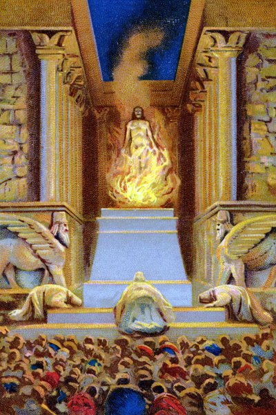 Zaratustra murió en el templo rodeado por la llama. Cromolitografía del siglo XIX. de Unknown artist