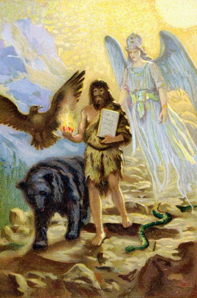 Zaratustra, guiado por el Arcángel y acompañado por animales que le harían compañía durante su retiro en la montaña, desciende entre los hombres para llevar las tablas de la ley recibidas por Ahura Mazda de Unknown artist