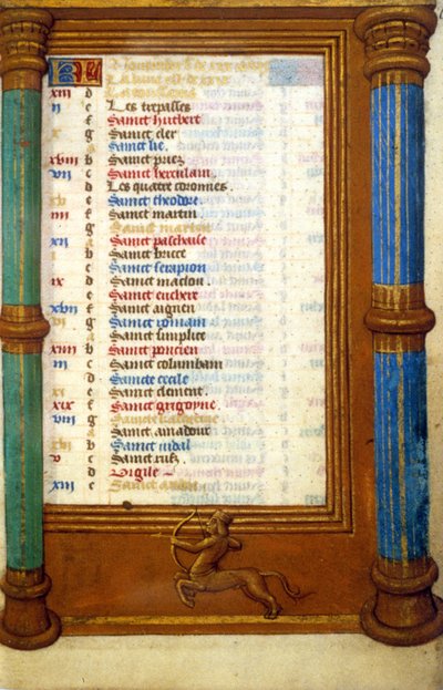 Zodiaco Sagitario y santos del mes de noviembre - miniatura Edad Media (ref.: 135, 006r): solicitud de permiso de la Biblioteca Municipal de Toulouse (tel: 05 62 27 66 66) de Unknown artist