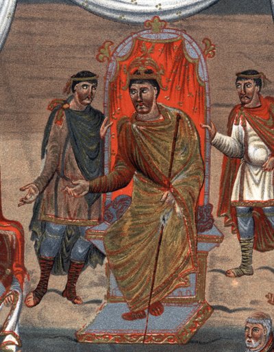 (detalle): Carlos II el Calvo (823-877), Rey de Francia recibiendo una delegación de monjes de Tours. Facsímil en cromolitografía del siglo XIX después de una miniatura del siglo X conservada en la B.N. de París. de Unknown artist