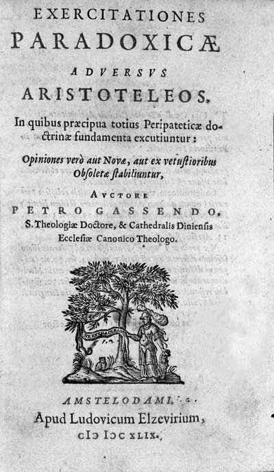 Frontispicio de "Exercitationum paradoxicarum adversus Aristoteleos" de Pierre Gassendi (1592-1655), filósofo, astrónomo, matemático y físico francés. de Unknown artist
