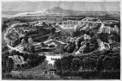 Vista general del jardín de aclimatación en el Bois de Boulogne ofrecido e inaugurado por Napoleón III en 1860, combinando naturaleza, flora exuberante y animales exóticos, en “l