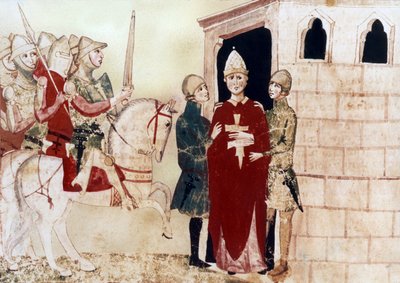 el papa Bonifacio VIII (1294-1303) aquí prisionero en Anagni en 1303, ilustración de un manuscrito del siglo XIV de Unknown artist