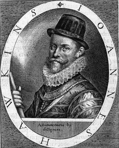 Retrato de Sir John Hawkins (Hawkyns), almirante inglés (1532-1595), conocido por ser el primero en comerciar con esclavos, realizó varios viajes, financiados por comerciantes de Londres, entre África y las Américas. Grabado de 1620 de Unknown artist