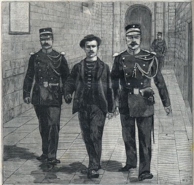 El anarquista italiano Luigi Luccheni (Lucheni) asesino de la emperatriz Isabel de Austria (Sissi) llevado al Tribunal de Justicia en 1898. de Unknown artist