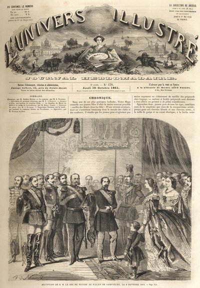 la visita de Guillermo, el rey de Prusia, a Napoleón III, el emperador de los franceses, en Compiègne, Francia 1861 - Visita de Guillermo I de Prusia (1797-1888) a Compiègne en presencia de Napoleón III - Grabado de “El Universo Ilustre” de Unknown artist