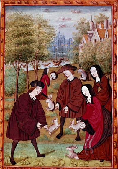 Jóvenes jugando con conejos de Unknown artist