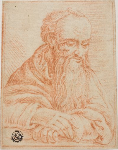 Boceto de medio cuerpo de un hombre barbudo apoyado en un alféizar o una mesa de Unknown Italian