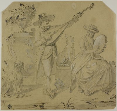 Hombre tocando el laúd y mujer tocando la pandereta de Unknown Italian