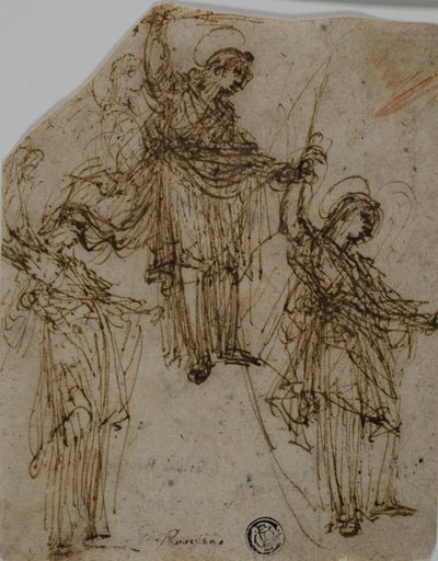 Bocetos de un santo de pie con una espada (anverso); bocetos de figuras y cabezas (reverso) de Unknown Lombard