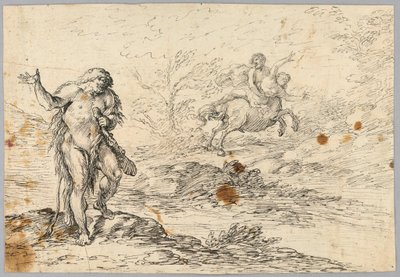Dibujo, Centauro salvando a doncella de una criatura a garrotazos, siglos XVI-XIX de Unknown artistUnknown artist