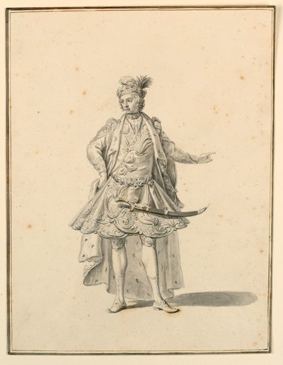 Dibujo, Diseño de vestuario: Príncipe persa, para una producción escénica diseñada por Giuseppe Galli Bibiena, 1719 de Unknown artistUnknown artist
