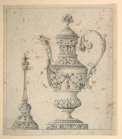 Dibujo, Jarra decorada y campana de mano, 1860-80 de Unknown artistUnknown artist