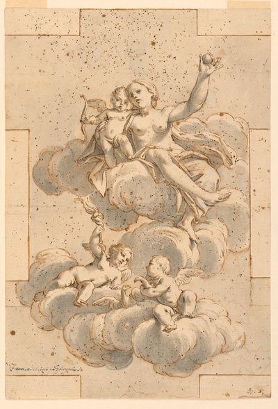 Dibujo, Diseño para una pintura de techo, Venus, Cupido y Putti, 1700-29 de Unknown artistUnknown artist