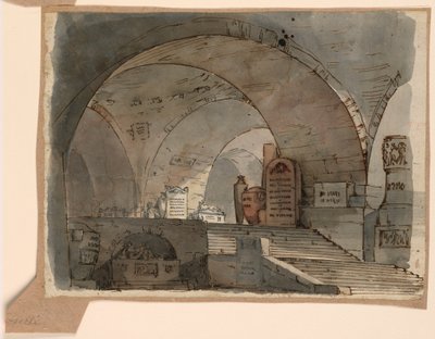 Dibujo, escenografía, espacio subterráneo abovedado con tumbas, principios del siglo XIX de Unknown artistUnknown artist