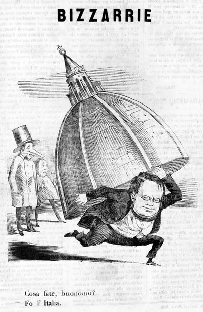 - ¿Qué está haciendo, señor? - Hago Italia (Cavour con la cúpula de Florencia) grabado satírico de Il Fischietto de Unknown artist