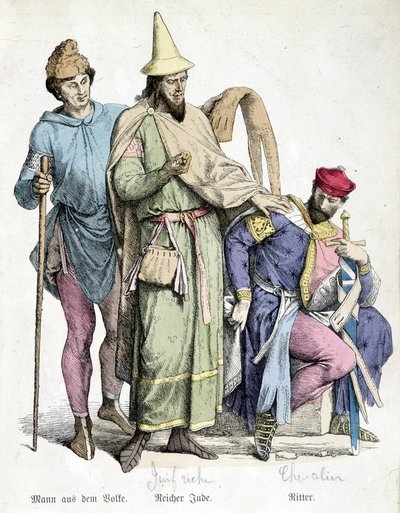 Trajes del siglo XI: El hombre con el bastón, el rico judío y el caballero. Grabado del siglo XIX de Unknown artist