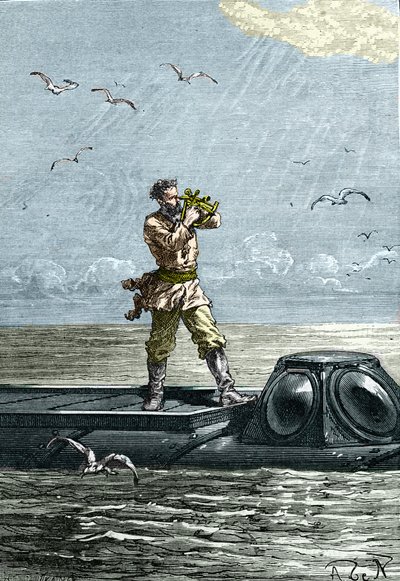 20,000 leguas de viaje submarino. Capitán Nemo en el submarino "Nautilus". Ilustración de la novela de Julio Verne "Veinte mil leguas de viaje submarino" de Unknown artist