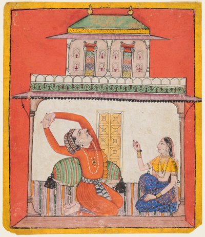 Una pareja en su habitación temprano en la mañana: Vighada Ragaputra de Shri, de Chamba Ragamala de Unknown artist