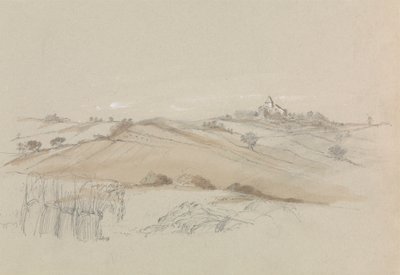 Un campo con una casa a lo lejos de Unknown artist