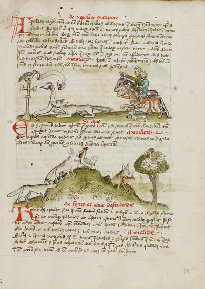 Un zorro amenaza a un pájaro posado en una cruz del camino y dos jinetes señalan la escena; un zorro corre y atrapa a una gallina; una gallina en un árbol sobre un zorro. de Unknown artist
