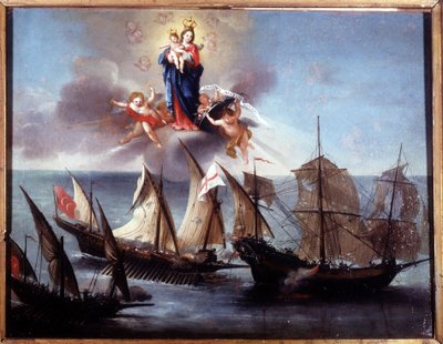 Un barco de Génova atacado por una galeota y una media galera bárbara. Exvoto 1796. Museo Naval de Génova-Pegli de Unknown artist