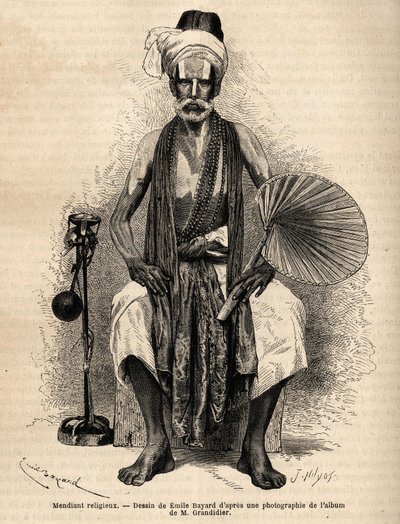 Un mendigo religioso hindú. Grabado para ilustrar el viaje en las provincias meridionales de India, por Alfred Grandidier, en 1862-1864, publicado en “Le tour du monde” 1869, editado por Edouard Charton, edición Hachette, París. Colección Selva de Unknown artist
