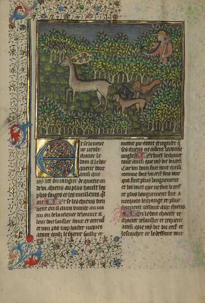 Un cazador y sus perros persiguen a un gamo de Unknown artist