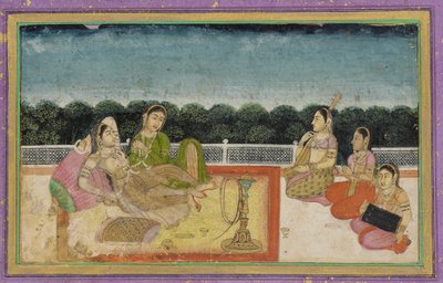 Una dama y su asistente en una terraza al atardecer, con tres mujeres músicas de Unknown artist
