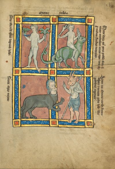 Un hombre sin conocimiento del fuego; Un hombre montado en un cocodrilo; Un centauro; Sanrus de Unknown artist