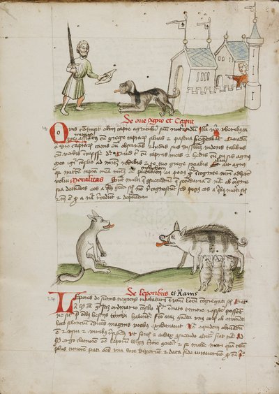Un hombre con una espada y un perro con un hueso; un lobo y un cerdo de Unknown artist