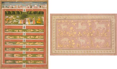 una princesa y demonios ante un noble: una hoja de un romance poético relacionado con Shah Alam I (anverso); Escenas estarcidas de león y gacela (verso) de Unknown artist
