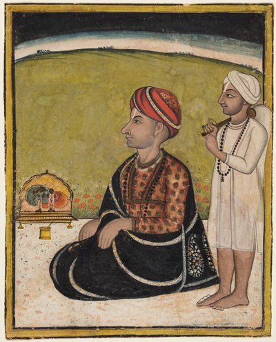 Un gobernante sentado en una terraza adorando en un santuario de Radha y Krishna de Unknown artist