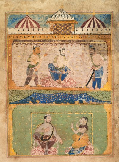A Traveler Persuades Lorik to Return Home (top); Chanda Objects (bottom), from a Chandayana (Story of Chanda) de Unknown artist