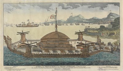 Una Vista de la Balsa Francesa, Vista a Flote en St. Maloes, en Febrero de 1798. La máquina tiene 600 pies de largo y 300 de ancho, monta 500 piezas de cañón, 36 y 48 libras, y está destinada a transportar 15.000 tropas para la invasión de Inglaterra. de Unknown artist