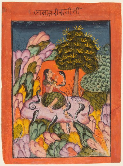 Una mujer encanta serpientes en el desierto: Asavari Ragini, de un Ragamala de Unknown artist