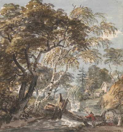 Un arroyo de madera con pescador de Unknown artist