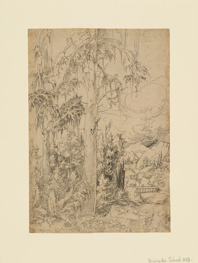 Un paisaje boscoso con un pueblo más allá de un puente y montañas lejanas de Unknown artist
