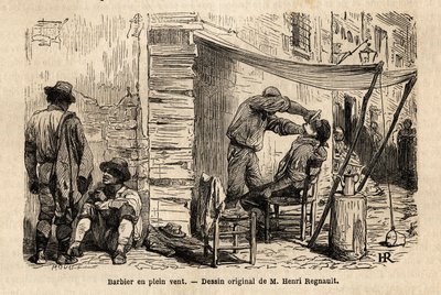 Un barbero en el viento en las calles de Roma. Grabado para ilustrar el viaje a Roma, por Francis Wey, en 1864-1868, publicado en “Le tour du monde, nouveau journal des voyages”, bajo la dirección de Edouard Charton de Unknown artist